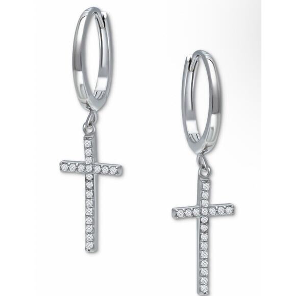 Sterling Silver Cross Earrings CZ Drop Style Faith Chic Minimal Fashion Elegant - Picture 1 of 5
